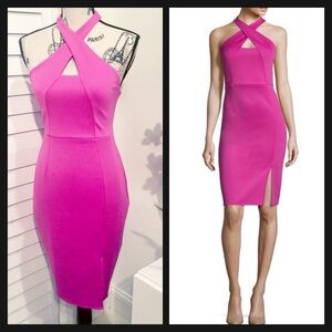 Fuchsia Crossover Halter Midi Dress